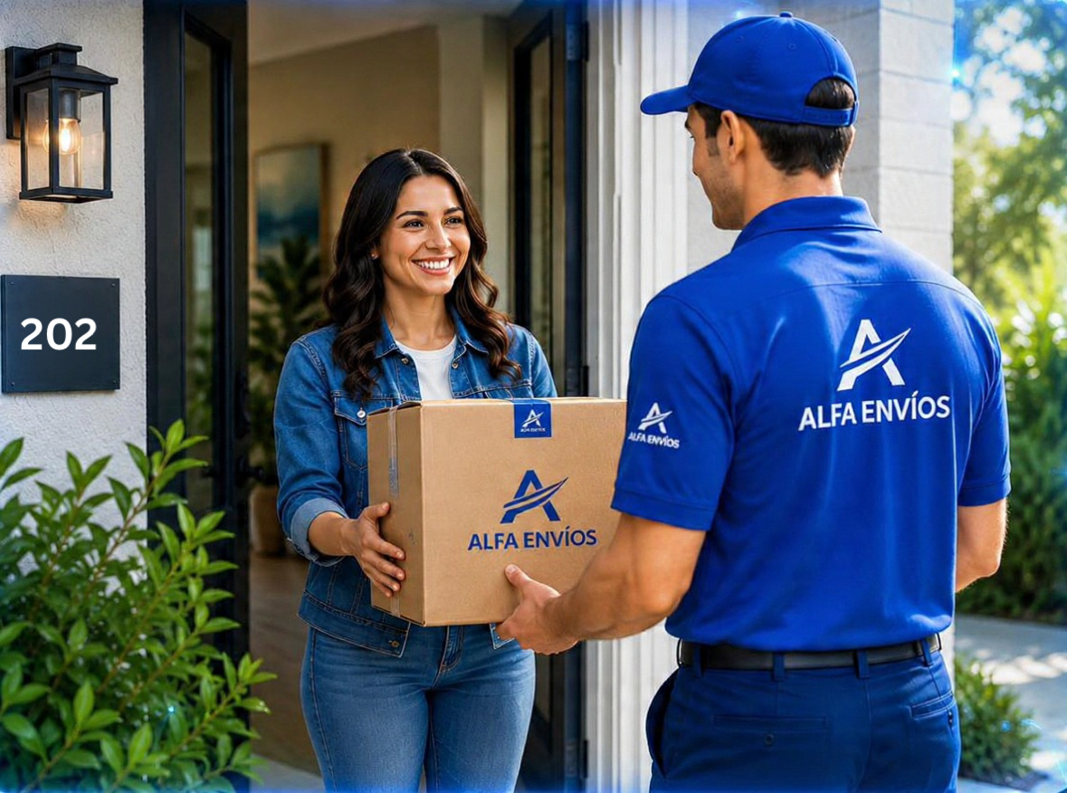 Mensajero de Alfa Envíos entregando un paquete a una cliente sonriente en la puerta de su casa