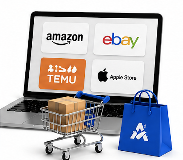 Laptop mostrando tiendas en línea Amazon, eBay, Temu y Apple Store con carrito de compras