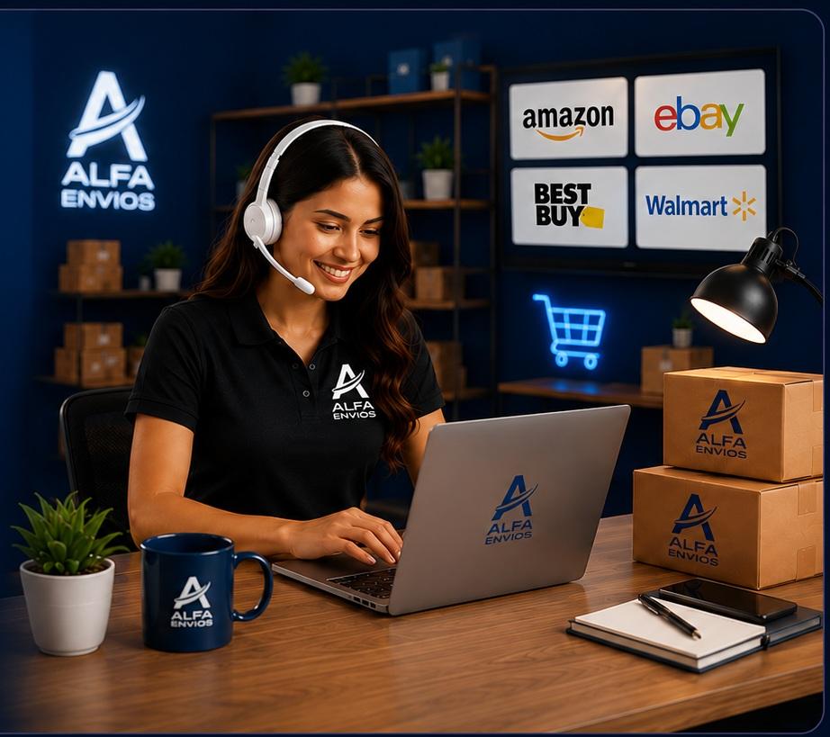 Agente de Alfa Envíos comprando por ti desde su computadora con tiendas como Amazon, eBay, Best Buy y Walmart